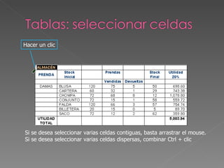 Si se desea seleccionar varias celdas contiguas, basta arrastrar el mouse. Si se desea seleccionar varias celdas dispersas, combinar Ctrl + clic Hacer un clic 