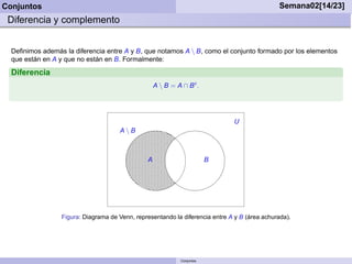 Conjuntos                                                                                      Semana02[14/23]
 Diferencia y complemento


  Deﬁnimos además la diferencia entre A y B, que notamos A  B, como el conjunto formado por los elementos
  que están en A y que no están en B. Formalmente:

  Diferencia
                                                    A  B = A ∩ Bc .




                                                                               U
                                      AB



                                                A                        B




                  Figura: Diagrama de Venn, representando la diferencia entre A y B (área achurada).




                                                             Conjuntos
 