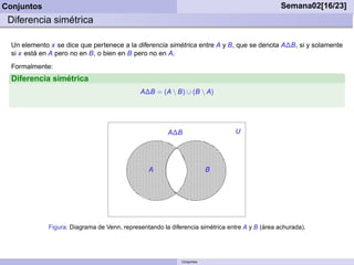 Conjuntos                                                                                        Semana02[16/23]
 Diferencia simétrica

  Un elemento x se dice que pertenece a la diferencia simétrica entre A y B, que se denota A∆B, si y solamente
  si x está en A pero no en B, o bien en B pero no en A.
  Formalmente:
  Diferencia simétrica
                                              A∆B = (A  B) ∪ (B  A)




                                                        A∆B                     U




                                                 A                       B




              Figura: Diagrama de Venn, representando la diferencia simétrica entre A y B (área achurada).




                                                             Conjuntos
 