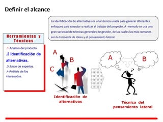 La identificación de alternativas es una técnica usada para generar diferentes
enfoques para ejecutar y realizar el trabajo del proyecto. A menudo se usa una
gran variedad de técnicas generales de gestión, de las cuales las más comunes
son la tormenta de ideas y el pensamiento lateral.
H e r r a m i e n t a s y
T é c n i c a s
.1 Análisis del producto.
.2 Identificación de
alternativas.
.3 Juicio de expertos.
.4 Análisis de los
interesados.
A
B
C
Técnica del
pensamiento lateral
Identificación de
alternativas
A B
Definir el alcance
 
