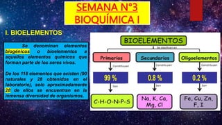 SEMANA N°3
BIOQUÍMICA I
I. BIOELEMENTOS
Se denominan elementos
biogénicos o bioelementos a
aquellos elementos químicos que
forman parte de los seres vivos.
De los 118 elementos que existen (90
naturales y 28 obtenidos en el
laboratorio), solo aproximadamente
28 de ellos se encuentran en la
inmensa diversidad de organismos.
 