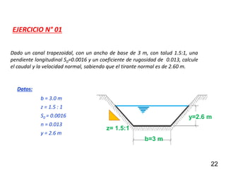 Dado un canal trapezoidal, con un ancho de base de 3 m, con talud 1.5:1, una
pendiente longitudinal S0=0.0016 y un coeficiente de rugosidad de 0.013, calcule
el caudal y la velocidad normal, sabiendo que el tirante normal es de 2.60 m.
22
EJERCICIO N° 01
b = 3.0 m
z = 1.5 : 1
S0 = 0.0016
n = 0.013
y = 2.6 m
b=3 m
y=2.6 m
z= 1.5:1
Datos:
 