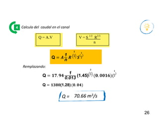 26
Calculo del caudal en el canal
4
Q = 70.66 m3/s
Q = 𝑨
1
n 𝑹
𝟐
𝟑
𝑺
(
𝟏
𝟐
)
Q = 𝟏𝟕. 𝟗𝟒
1
0.013
(1.45)
𝟐
𝟑
(𝟎. 𝟎𝟎𝟏𝟔)(
𝟏
𝟐
)
Remplazando:
Q = 𝟏𝟑𝟖𝟎(1.28)(𝟎. 𝟎𝟒)
 
