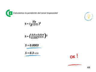 44
Calculamos la pendiente del canal trapezoidal
6
S = 0.0003
S = (
Vn
R (2/3) )2
S = (0.8 x 0.014
0.5057 (2/3) )2
S = 0.3 0/00
 