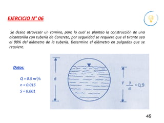 Se desea atravesar un camino, para lo cual se plantea la construcción de una
alcantarilla con tubería de Concreto, por seguridad se requiere que el tirante sea
el 90% del diámetro de la tubería. Determine el diámetro en pulgadas que se
requiere.
49
EJERCICIO N° 06
Q = 0.5 m3/s
n = 0.015
S = 0.001
Datos:
 