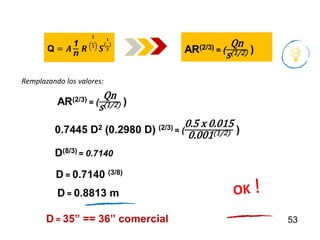 53
Q = 𝑨
1
n
𝑹
𝟐
𝟑
𝑺
(
𝟏
𝟐
)
AR(2/3) = (
Qn
s(1/2) )
Remplazando los valores:
AR(2/3) = (
Qn
s(1/2) )
0.7445 D2 (0.2980 D) (2/3) = (
0.5 x 0.015
0.001(1/2) )
D(8/3) = 0.7140
D = 0.7140 (3/8)
D = 0.8813 m
D = 35” == 36” comercial
 