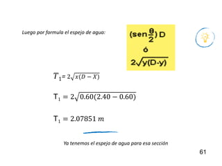 61
Luego por formula el espejo de agua:
𝑇1= 2 𝑥(𝐷 − 𝑋)
T1 = 2 0.60(2.40 − 0.60)
T1 = 2.07851 𝑚
Ya tenemos el espejo de agua para esa sección
 