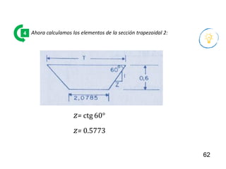 62
Ahora calculamos los elementos de la sección trapezoidal 2:
4
𝑧= ctg 60°
𝑧= 0.5773
 