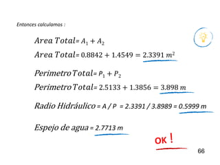 66
Entonces calculamos :
𝐴𝑟𝑒𝑎 𝑇𝑜𝑡𝑎𝑙= 𝐴1 + 𝐴2
𝐴𝑟𝑒𝑎 𝑇𝑜𝑡𝑎𝑙= 0.8842 + 1.4549 = 2.3391 𝑚2
Perimetro 𝑇𝑜𝑡𝑎𝑙= P1 + 𝑃2
Perimetro 𝑇𝑜𝑡𝑎𝑙= 2.5133 + 1.3856 = 3.898 𝑚
Radio Hidráulico = A / P = 2.3391 / 3.8989 = 0.5999 m
Espejo de agua = 2.7713 m
 