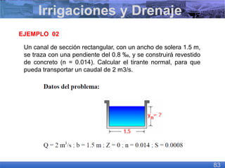Un canal de sección rectangular, con un ancho de solera 1.5 m,
se traza con una pendiente del 0.8 ‰, y se construirá revestido
de concreto (n = 0.014). Calcular el tirante normal, para que
pueda transportar un caudal de 2 m3/s.
EJEMPLO 02
Irrigaciones y Drenaje
83
 