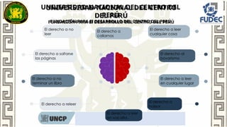 UNIVERSIDAD NACIONAL DEL CENTRO DEL
PERÚ
FUNDACIÓN PARA El DESARROLLO DEL CENTRO DEL PERÚ
Rumbo al nombramiento docente 2022
El derecho a
hojear
El derecho al
bovarismo
El derecho a leer
en cualquier lugar
El derecho a no
leer
El derecho a releer
El derecho a leer
cualquier cosa
El derecho a no
terminar un libro
El derecho a saltarse
las páginas
El derecho a leer
en voz alta
El derecho a
callarnos
 