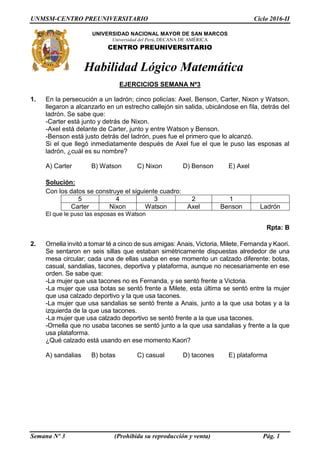 UNMSM-CENTRO PREUNIVERSITARIO Ciclo 2016-II
Semana Nº 3 (Prohibida su reproducción y venta) Pág. 1
UNIVERSIDAD NACIONAL MAYOR DE SAN MARCOS
Universidad del Perú, DECANA DE AMÉRICA
CENTRO PREUNIVERSITARIO
Habilidad Lógico Matemática
EJERCICIOS SEMANA Nº3
1. En la persecución a un ladrón; cinco policías: Axel, Benson, Carter, Nixon y Watson,
llegaron a alcanzarlo en un estrecho callejón sin salida, ubicándose en fila, detrás del
ladrón. Se sabe que:
-Carter está junto y detrás de Nixon.
-Axel está delante de Carter, junto y entre Watson y Benson.
-Benson está justo detrás del ladrón, pues fue el primero que lo alcanzó.
Si el que llegó inmediatamente después de Axel fue el que le puso las esposas al
ladrón, ¿cuál es su nombre?
A) Carter B) Watson C) Nixon D) Benson E) Axel
Solución:
Con los datos se construye el siguiente cuadro:
5 4 3 2 1
Carter Nixon Watson Axel Benson Ladrón
El que le puso las esposas es Watson
Rpta: B
2. Ornella invitó a tomar té a cinco de sus amigas: Anais, Victoria, Milete, Fernanda y Kaori.
Se sentaron en seis sillas que estaban simétricamente dispuestas alrededor de una
mesa circular; cada una de ellas usaba en ese momento un calzado diferente: botas,
casual, sandalias, tacones, deportiva y plataforma, aunque no necesariamente en ese
orden. Se sabe que:
-La mujer que usa tacones no es Fernanda, y se sentó frente a Victoria.
-La mujer que usa botas se sentó frente a Milete, esta última se sentó entre la mujer
que usa calzado deportivo y la que usa tacones.
-La mujer que usa sandalias se sentó frente a Anais, junto a la que usa botas y a la
izquierda de la que usa tacones.
-La mujer que usa calzado deportivo se sentó frente a la que usa tacones.
-Ornella que no usaba tacones se sentó junto a la que usa sandalias y frente a la que
usa plataforma.
¿Qué calzado está usando en ese momento Kaori?
A) sandalias B) botas C) casual D) tacones E) plataforma
 