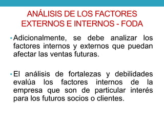 ANÁLISIS DE LOS FACTORES 
EXTERNOS E INTERNOS - FODA 
• Adicionalmente, se debe analizar los 
factores internos y externos que puedan 
afectar las ventas futuras. 
• El análisis de fortalezas y debilidades 
evalúa los factores internos de la 
empresa que son de particular interés 
para los futuros socios o clientes. 
 
