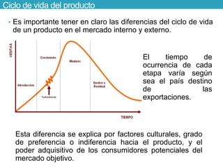 Ciclo de vida del producto 
• Es importante tener en claro las diferencias del ciclo de vida 
de un producto en el mercado interno y externo. 
El tiempo de 
ocurrencia de cada 
etapa varía según 
sea el país destino 
de las 
exportaciones. 
Esta diferencia se explica por factores culturales, grado 
de preferencia o indiferencia hacia el producto, y el 
poder adquisitivo de los consumidores potenciales del 
mercado objetivo. 
 