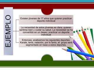 EJEMPLO 
Existen jóvenes de 17 años que quieren practicar 
deporte individual 
La necesidad de estos jóvenes es clara: quieren 
sentirse bien y cuidar su salud. La necesidad se ha 
convertido en un deseo: practicar un deporte 
individual 
Entonces, analizamos los siguientes deportes: 
Karate, tenis, natación, por lo tanto, el grupo será 
segmentado en base a estos deportes. 
 