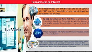 Fundamentos de Internet
Fue desarrollada por Tim Berners-Lee en la década
de 1990 y se ha convertido en una parte integral de
la experiencia en línea.
La web, abreviatura de World Wide Web, es un sistema de
información basado en hipertexto que permite acceder a
una amplia variedad de contenidos y recursos a través de
Internet.
Utiliza el protocolo HTTP (Hypertext Transfer Protocol) para la
transferencia de datos
La web está compuesta por páginas web, que son documentos digitales que pueden
contener texto, imágenes, videos, enlaces y otros elementos multimedia. Estas
páginas están interconectadas a través de hipervínculos, que permiten a los usuarios
navegar de una página a otra con solo hacer clic en los enlaces.
La Web
 