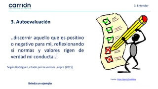 3. Entender
3. Autoevaluación
..discernir aquello que es positivo
o negativo para mi, reflexionando
si normas y valores rigen de
verdad mi conducta..
Según Rodriguez, citado por la unmsm - cepre (2015)
Fuente: https://pin.it/3mARbvy
Brinda un ejemplo
 