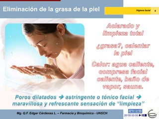 Eliminación de la grasa de la piel                               Higiene facial   8




    Mg. Q.F. Edgar Cárdenas L. – Farmacia y Bioquímica - UNSCH
 