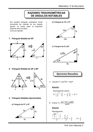 Matemática 3º de Secundaria

RAZONES TRIGONOMÉTRICAS
DE ÁNGULOS NOTABLES
Son aquellos triángulos rectángulos donde
conociendo las medidas de sus ángulos
agudos, se puede saber la proporción
existente entre sus lados.
Como por ejemplo:

b) Triángulo de 16º y 74º

1. Triángulo Notable de 45º
k
c) Triángulo de 8º y 82º

45º

k

k

82º

5 2k

k

45º

k

8º
7k

2. Triángulo Notable de 30º y 60º

Ejercicios Resueltos
30º

30º 30º

2k
60º

k

2k

2k
3

k

2

1. Calcular: E = Sen 30º + Tg37º

60º

k

60º

k

Solución:
Reemplazando valores:


E



1

2


2



3
1 3


 E 1
4
4 4

3. Triángulo Notables Aproximados
2. Evaluar: E 
a) Triángulo de 37º y 53º

sen 2 45º  cos60º
csc30º

Solución:
Reemplazando:






2
2







2

2



1
2

2 1

1
4 2


2
2

E=

1
2

Prof. Jhon Villacorta V.

 