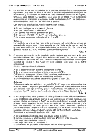 UNMSM-CENTRO PREUNIVERSITARIO Ciclo 2016-II
Semana Nº 5 (Prohibida su reproducción y venta) Pág. 100
6. La glucólisis es la ruta degradativa de la glucosa, principal fuente energética del
organismo. La glucosa se oxida a piruvato; el piruvato en presencia de oxígeno se
descarboxila y se convierte en Acetil CoA o se fermenta en ausencia de oxígeno,
formando ácido láctico. La glucólisis tiene lugar en el citosol y en condiciones
anaeróbicas; en el proceso se producen cuatro moléculas de ATP y se gastan dos,
generándose dos NADH+H+, por molécula de glucosa.
Con referencia a la glucólisis, marque la afirmación correcta.
A) Es importante porque solo oxida la glucosa.
B) Es una ruta anabólica o de síntesis.
C) Se genera más energía que la que se gasta.
D) Se generan 4 NADH+H+ y 2 ATP por molécula de glucosa.
E) La glucosa se degrada a dos piruvatos y dos NAD+.
Solución:
La glucólisis es una de las rutas más importantes del metabolismo porque se
aprovecha la glucosa para obtener energía para la célula; en la cual se oxida la
glucosa a dos moléculas de piruvato mediante un proceso catabólico. Se obtiene una
ganancia neta de 2 ATP y 2 NADH+H+ por molécula de glucosa.
Rpta.: C
7. El piruvato procedente de la glucólisis puede oxidarse por completo y lo hace
descarboxilándose para originar una molécula de Acetil CoA, la cual participa
posteriormente en el ciclo de Krebs. En la descarboxilación oxidativa se produce gran
cantidad de energía y dos NADH+H+; este proceso tiene lugar en la matriz
mitocondrial.
Del texto podemos inferir lo siguiente,
A) En la descarboxilación oxidativa se regenera el NAD+.
B) En el proceso mencionado en el texto se consume NAD+.
C) El piruvato procedente de la glucólisis no retiene mucha energía.
D) Al igual que en la fermentación se consume NADH+H+.
E) Una molécula de piruvato se descarboxila y forma 2 Acetil CoA.
Solución:
En la descarboxilación oxidativa no se gasta NADH+H+, se produce al consumirse una
molécula de NAD+. El piruvato procedente de la glucólisis es una molécula que retiene
gran cantidad de energía química y que puede ser utilizada para obtener una cantidad
sustancial de ATP y cuando se descarboxila origina una molécula de Acetil CoA.
Rpta.: B
8. El piruvato generado en la glucólisis va a ser aprovechado tanto por vías catabólicas
como anabólicas para producir energía o para la síntesis de diversas moléculas. En
algunas células se regenera el NAD+ por la síntesis de lactato o etanol a partir del
piruvato, estos procesos se denominan fermentación. La célula muscular y los
eritrocitos convierten el ácido pirúvico en ácido láctico. Diversos organismos
procariotas también utilizan la fermentación láctica para producir derivados lácteos y
eucariotas como levaduras producen etanol y CO2 por fermentación alcohólica.
Respecto a la fermentación podemos inferir, que
A) es un proceso anabólico porque se produce lactato o etanol.
B) permite recuperar el NAD+ gastado en formar NADH+H+ en la glucólisis.
C) es un proceso catabólico oxidativo.
D) es un proceso anabólico anaeróbico.
E) la reducción del piruvato a lactato ocurre solo en microorganismos.
 