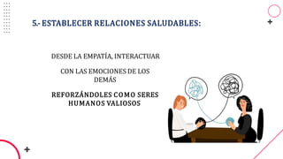 5.- ESTABLECER RELACIONES SALUDABLES:
DESDE LA EMPATÍA, INTERACTUAR
CON LAS EMOCIONES DE LOS
DEMÁS
REFORZÁNDOLES COMO SERES
HUMANOS VALIOSOS
 