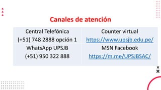 Tema 1
Central Telefónica
(+51) 748 2888 opción 1
Counter virtual
https://www.upsjb.edu.pe/
WhatsApp UPSJB
(+51) 950 322 888
MSN Facebook
https://m.me/UPSJBSAC/
Canales de atención
 