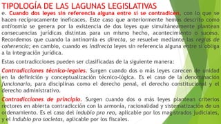 TIPOLOGÍA DE LAS LAGUNAS LEGISLATIVAS
e. Cuando dos leyes sin referencia alguna entre sí se contradicen, con lo que se
hacen recíprocamente ineficaces. Este caso que anteriormente hemos descrito como
antinomia se genera por la existencia de dos leyes que simultáneamente plantean
consecuencias jurídicas distintas para un mismo hecho, acontecimiento o suceso.
Recordemos que cuando la antinomia es directa, se resuelve mediante las reglas de
coherencia; en cambio, cuando es indirecta leyes sin referencia alguna entre sí obliga
a la integración jurídica.
Estas contradicciones pueden ser clasificadas de la siguiente manera:
Contradicciones técnico-legales. Surgen cuando dos o más leyes carecen de unidad
en la definición y conceptualización técnico-lógica. Es el caso de la denominación
funcionario, para disciplinas como el derecho penal, el derecho constitucional y el
derecho administrativo.
Contradicciones de principio. Surgen cuando dos o más leyes plantean criterios
rectores en abierta contradicción con la armonía, racionalidad y sistematización de un
ordenamiento. Es el caso del indubio pro reo, aplicable por los magistrados judiciales,
y el indubio pro societas, aplicable por los fiscales.
 