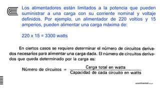 Los alimentadores están limitados a la potencia que pueden
suministrar a una carga con su corriente nominal y voltaje
definidos. Por ejemplo, un alimentador de 220 voltios y 15
amperios, pueden alimentar una carga máxima de:
220 x 15 = 3300 watts
 
