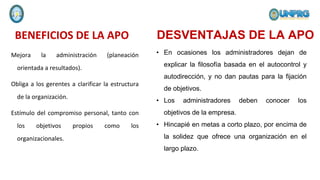 BENEFICIOS DE LA APO
Mejora la administración (planeación
orientada a resultados).
Obliga a los gerentes a clarificar la estructura
de la organización.
Estímulo del compromiso personal, tanto con
los objetivos propios como los
organizacionales.
DESVENTAJAS DE LA APO
• En ocasiones los administradores dejan de
explicar la filosofía basada en el autocontrol y
autodirección, y no dan pautas para la fijación
de objetivos.
• Los administradores deben conocer los
objetivos de la empresa.
• Hincapié en metas a corto plazo, por encima de
la solidez que ofrece una organización en el
largo plazo.
 
