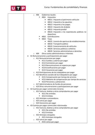 Curso: Fundamentos de contabilidad y finanzas
o 406 Gobiernos locales
 4061 Impuestos
 40611 Impuesto al patrimonio vehicular
 40612 Impuesto a las apuestas
 40613 Impuesto a los juegos
 40614 Impuesto de alcabala
 40615 Impuesto predial
 40616 Impuesto a los espectáculos públicos no
deportivos
 4062 Contribuciones
 4063 Tasas
 40631 Licencia de apertura de establecimientos
 40632 Transporte público
 40633 Estacionamiento de vehículos
 40634 Servicios públicos o arbitrios
 40635 Servicios administrativos o derechos
o 409 Otros costos administrativos e intereses
 41 Remuneraciones y participaciones por pagar
o 411 Remuneraciones por pagar
 4111 Sueldos y salarios por pagar
 4112 Comisiones por pagar
 4113 Remuneraciones en especie por pagar
 4114 Gratificaciones por pagar
 4115 Vacaciones por pagar
o 413 Participaciones de los trabajadores por pagar
o 415 Beneficios sociales de los trabajadores por pagar
 4151 Compensación por tiempo de servicios
 4152 Adelanto de compensación por tiempo de servicios
 4153 Pensiones y jubilaciones
o 417 Administradoras de fondos de pensiones
o 419 Otras remuneraciones y participaciones por pagar
 42 Cuentas por pagar comerciales terceros
o 421 Facturas, boletas y otros comprobantes por pagar
 4211 No emitidas
 4212 Emitidas
o 422 Anticipos a proveedores
o 423 Letras por pagar
o 424 Honorarios por pagar
 43 Cuentas por pagar comerciales relacionadas
o 431 Facturas, boletas y otros comprobantes por pagar
 4311 No emitidas
 4312 Emitidas
o 432 Anticipos otorgados
 4321 Anticipos otorgados
o 433 Letras por pagar
 4331 Letras por pagar
 