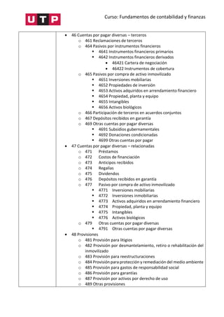 Curso: Fundamentos de contabilidad y finanzas
 46 Cuentas por pagar diversas – terceros
o 461 Reclamaciones de terceros
o 464 Pasivos por instrumentos financieros
 4641 Instrumentos financieros primarios
 4642 Instrumentos financieros derivados
 46421 Cartera de negociación
 46422 Instrumentos de cobertura
o 465 Pasivos por compra de activo inmovilizado
 4651 Inversiones mobiliarias
 4652 Propiedades de inversión
 4653 Activos adquiridos en arrendamiento financiero
 4654 Propiedad, planta y equipo
 4655 Intangibles
 4656 Activos biológicos
o 466 Participación de terceros en acuerdos conjuntos
o 467 Depósitos recibidos en garantía
o 469 Otras cuentas por pagar diversas
 4691 Subsidios gubernamentales
 4692 Donaciones condicionadas
 4699 Otras cuentas por pagar
 47 Cuentas por pagar diversas – relacionadas
o 471 Préstamos
o 472 Costos de financiación
o 473 Anticipos recibidos
o 474 Regalías
o 475 Dividendos
o 476 Depósitos recibidos en garantía
o 477 Pasivo por compra de activo inmovilizado
 4771 Inversiones mobiliarias
 4772 Inversiones inmobiliarias
 4773 Activos adquiridos en arrendamiento financiero
 4774 Propiedad, planta y equipo
 4775 Intangibles
 4776 Activos biológicos
o 479 Otras cuentas por pagar diversas
 4791 Otras cuentas por pagar diversas
 48 Provisiones
o 481 Provisión para litigios
o 482 Provisión por desmantelamiento, retiro o rehabilitación del
inmovilizado
o 483 Provisión para reestructuraciones
o 484 Provisión para protección y remediación del medio ambiente
o 485 Provisión para gastos de responsabilidad social
o 486 Provisión para garantías
o 487 Provisión por activos por derecho de uso
o 489 Otras provisiones
 