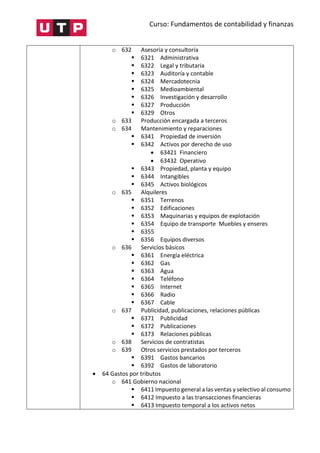Curso: Fundamentos de contabilidad y finanzas
o 632 Asesoría y consultoría
 6321 Administrativa
 6322 Legal y tributaria
 6323 Auditoría y contable
 6324 Mercadotecnia
 6325 Medioambiental
 6326 Investigación y desarrollo
 6327 Producción
 6329 Otros
o 633 Producción encargada a terceros
o 634 Mantenimiento y reparaciones
 6341 Propiedad de inversión
 6342 Activos por derecho de uso
 63421 Financiero
 63432 Operativo
 6343 Propiedad, planta y equipo
 6344 Intangibles
 6345 Activos biológicos
o 635 Alquileres
 6351 Terrenos
 6352 Edificaciones
 6353 Maquinarias y equipos de explotación
 6354 Equipo de transporte Muebles y enseres
 6355
 6356 Equipos diversos
o 636 Servicios básicos
 6361 Energía eléctrica
 6362 Gas
 6363 Agua
 6364 Teléfono
 6365 Internet
 6366 Radio
 6367 Cable
o 637 Publicidad, publicaciones, relaciones públicas
 6371 Publicidad
 6372 Publicaciones
 6373 Relaciones públicas
o 638 Servicios de contratistas
o 639 Otros servicios prestados por terceros
 6391 Gastos bancarios
 6392 Gastos de laboratorio
 64 Gastos por tributos
o 641 Gobierno nacional
 6411 Impuesto general a las ventas y selectivo al consumo
 6412 Impuesto a las transacciones financieras
 6413 Impuesto temporal a los activos netos
 