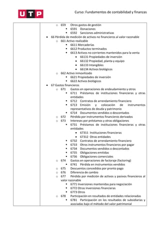 Curso: Fundamentos de contabilidad y finanzas
o 659 Otros gastos de gestión
 6591 Donaciones
 6592 Sanciones administrativas
 66 Pérdida de medición de activos no financieros al valor razonable
o 661 Activo realizable
 6611 Mercaderías
 6612 Productos terminados
 6613 Activos no corrientes mantenidos para la venta
 66131 Propiedades de inversión
 66132 Propiedad, planta y equipo
 66133 Intangibles
 66134 Activos biológicos
o 662 Activo inmovilizado
 6621 Propiedades de inversión
 6622 Activos biológicos
 67 Gastos financieros
o 671 Gastos en operaciones de endeudamiento y otros
 6711 Préstamos de instituciones financieras y otras
entidades
 6712 Contratos de arrendamiento financiero
 6713 Emisión y colocación de instrumentos
representativos de deuda y patrimonio
 6714 Documentos vendidos o descontados
o 672 Pérdida por instrumentos financieros derivados
o 673 Intereses por préstamos y otras obligaciones
 6731 Préstamos de instituciones financieras y otras
entidades
 67311 Instituciones financieras
 67312 Otras entidades
 6732 Contratos de arrendamiento financiero
 6733 Otros instrumentos financieros por pagar
 6734 Documentos vendidos o descontados
 6735 Obligaciones emitidas
 6736 Obligaciones comerciales
o 674 Gastos en operaciones de factoraje (factoring)
 6741 Pérdida en instrumentos vendidos
o 675 Descuentos concedidos por pronto pago
o 676 Diferencia de cambio
o 677 Pérdida por medición de activos y pasivos financieros al
valor razonable
 6771 Inversiones mantenidas para negociación
 6772 Otras inversiones financieras
 6773 Otros
o 678 Participación en resultados de entidades relacionadas
 6781 Participación en los resultados de subsidiarias y
asociadas bajo el método del valor patrimonial
 