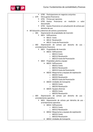 Curso: Fundamentos de contabilidad y finanzas
 6782 Participaciones en negocios conjuntos
o 679 Otros gastos financieros
 6791 Primas por opciones
 6792 Gastos financieros en medición a valor
descontado
 6793 Gastos financieros en actualización de activos por
derecho de uso
 68 Valuación y deterioro de activos y provisiones
o 681 Depreciación de propiedades de inversión
 6811 Edificaciones
 68111 Costo
 68112 Revaluación
 68113 Costo de financiación
o 682 Depreciación de activos por derecho de uso -
arrendamiento financiero
 6821 Propiedades de inversión
 68211 Edificaciones
o 682111 Costo
o 682112 Revaluación
o 682113 Costo de financiación
 6822 Propiedad, planta y equipo
 68221 Edificaciones
o 682211 Costo
o 682212 Revaluación
o 682213 Costo de financiación
 68222 Maquinarias y equipos de explotación
o 682221 Costo
o 682222 Revaluación
o 682223 Costo de financiación
 68223 Unidades de transporte
o 682231 Costo
o 682232 Revaluación
 68225 Equipos diversos
o 682251 Costo
o 682252 Revaluación
o 683 Depreciación de activos por derecho de uso -
arrendamiento operativo
 6831 Depreciación de activos por derecho de uso -
arrendamiento operativo
 68311 Edificaciones
o 683111 Costo
o 683112 Revaluación
 68312 Maquinarias y equipos de explotación
o 683121 Costo
o 683122 Revaluación
 68313 Unidades de transporte
 