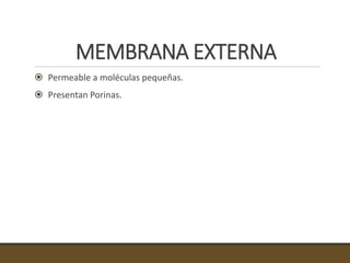 MEMBRANA EXTERNA
 Permeable a moléculas pequeñas.
 Presentan Porinas.
 