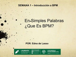 SEMANA 1 – Introducción a BPM

En Simples Palabras
¿Que Es BPM?

POR: Edna de Lasso

 