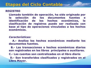 Etapas del Ciclo Contable
REGISTRO
Llamado también de operación, ha sido originado por
la selección de los documentos fuentes e
identificación de los hechos económicos, la
clasificación de registros puede ser realizada con
base al tipo de operaciones vinculadas a los hechos
económicos.
Características:
A.- Analiza los hechos económicos mediante los
documentos fuentes.
B.- Las transacciones o hechos económicos diarios
son registrados en los libros principales o auxiliares.
C.- Las cuentas son centralizadas en el libro diario
D.- Son transferidos clasificados y registrados en el
Libro Mayor.
 