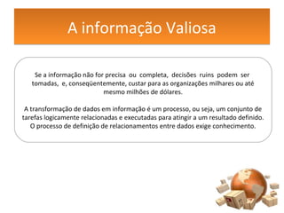 A informação ValiosaA informação Valiosa
Se a informação não for precisa ou completa, decisões ruins podem ser
tomadas, e, conseqüentemente, custar para as organizações milhares ou até
mesmo milhões de dólares.
A transformação de dados em informação é um processo, ou seja, um conjunto de
tarefas logicamente relacionadas e executadas para atingir a um resultado definido.
O processo de definição de relacionamentos entre dados exige conhecimento.
 
