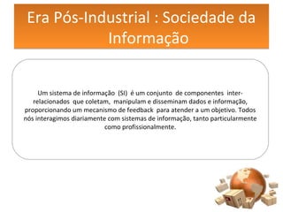 Era Pós-Industrial : Sociedade da
Informação
Era Pós-Industrial : Sociedade da
Informação
Um sistema de informação (SI) é um conjunto de componentes inter-
relacionados que coletam, manipulam e disseminam dados e informação,
proporcionando um mecanismo de feedback para atender a um objetivo. Todos
nós interagimos diariamente com sistemas de informação, tanto particularmente
como profissionalmente.
 