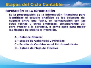 Etapas del Ciclo Contable
EXPOSICIÓN DE LA INFORMACIÓN
Es la presentación de la información financiera para
identificar el estudio analítico de los balances del
negocio entre una fecha, en comparación con las
otras fechas u otras empresas, considerando útil
para ayudar a la gerencia, o como base para medir
los riesgos de crédito e inversión.
A.- Balance General
B.- Estado de Ganancias y Pérdidas
C.- Estado de Cambios en el Patrimonio Neto
D.- Estado de Flujo de Efectivo
 