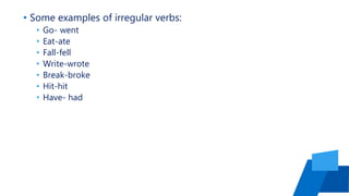 • Some examples of irregular verbs:
• Go- went
• Eat-ate
• Fall-fell
• Write-wrote
• Break-broke
• Hit-hit
• Have- had
 