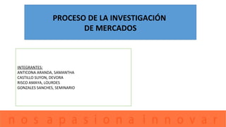 PROCESO DE LA INVESTIGACIÓN
DE MERCADOS
INTEGRANTES:
ANTICONA ARANDA, SAMANTHA
CASTILLO SUYON, DEVORA
RISCO AMAYA, LOURDES
GONZALES SANCHES, SEMINARIO
 
