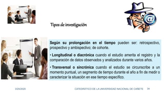 Según su prolongación en el tiempo pueden ser: retrospectivo,
prospectivo y ambispectivo; de cohorte.
• Longitudinal o diacrónica cuando el estudio amerita el registro y la
comparación de datos observados y analizados durante varios años.
• Transversal o sincrónica cuando el estudio se circunscribe a un
momento puntual, un segmento de tiempo durante el año a fin de medir o
caracterizar la situación en ese tiempo específico.
Tipos de investigación
3/25/2020 34CATEDRÁTICO DE LA UNIVERSIDAD NACIONAL DE CAÑETE
 