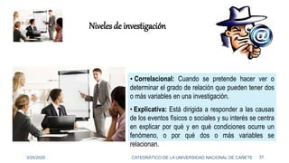 • Correlacional: Cuando se pretende hacer ver o
determinar el grado de relación que pueden tener dos
o más variables en una investigación.
• Explicativa: Está dirigida a responder a las causas
de los eventos físicos o sociales y su interés se centra
en explicar por qué y en qué condiciones ocurre un
fenómeno, o por qué dos o más variables se
relacionan.
Niveles de investigación
3/25/2020 37CATEDRÁTICO DE LA UNIVERSIDAD NACIONAL DE CAÑETE
 