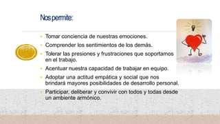 Nospermite:
 Tomar conciencia de nuestras emociones.
 Comprender los sentimientos de los demás.
 Tolerar las presiones y frustraciones que soportamos
en el trabajo.
 Acentuar nuestra capacidad de trabajar en equipo.
 Adoptar una actitud empática y social que nos
brindará mayores posibilidades de desarrollo personal.
 Participar, deliberar y convivir con todos y todas desde
un ambiente armónico.
 
