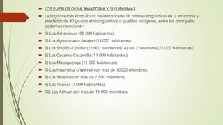  LOS PUEBLOS DE LA AMAZONIA Y SUS IDIOMAS
 La lingüista Inés Pozzi-Escot ha identificado 16 familias lingüísticas en la amazonia y
alrededor de 40 grupos etnolingüisticos o pueblos indígenas, entre los principales
podemos mencionar:
 1) Los Ashaninkas (88 000 habitantes).
 2) Los Aguarunas o Awajun ($5 000 habitantes).
 3) Los Shipibo-Conibo (22 000 habitantes). 4) Los Chayahulta (21 000 habitantes).
 5) Los Cocama-Cocamilla (11 000 habitantes).
 6) Los Matsiguenga (11 000 habitantes).
 7) Los Huambisa o Wampi con más de 10000 miembros.
 8) Los Yánesha con más de 7 500 miembros.
 9) Los Ticunas (7 000 habitantes).
 10) Los Achuar con más de 11 000 miembros.
 
