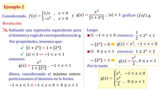 Ejemplo 2
Resolución
Hallando una expresión equivalente para
el dominio y regla de correspondenciade g
Por propiedades, tenemos que:
Considerando 𝑓 𝑥 = ቊ
1/𝑥 , . . 𝑥 < 0
−𝑥2 , . . 𝑥 > 0
y g 𝑥 =
𝑥2
1 + 2𝑥 , . 𝑥 < 1 graficar 𝑓𝑜𝑓 . g
1 + 2𝑥 = 1 + 2𝑥
𝑥 < 1 ↔ −1 < 𝑥 < 1
entonces:
∎
→
1
2
< 2𝑥
< 1
Por lo tanto:
g 𝑥 = ൞
𝑥2, . . −1 < 𝑥 < 0
𝑥2
2
, . . 0 ≤ 𝑥 < 1
g 𝑥 =
𝑥2
1 + 2𝑥 , . −1 < 𝑥 < 1
✓
✓
Ahora, considerando el máximo entero
particionamos el dominio en la forma:
−1 < 𝑥 < 1 ≡ −1 < 𝑥 < 0 ∨ 0 ≤ 𝑥 < 1
Luego:
𝑆𝑖 −1 < 𝑥 < 0 𝑒𝑛𝑡𝑜𝑛𝑐𝑒𝑠
2𝑥
= 0 g 𝑥 = 𝑥2
, . −1 < 𝑥 < 0
∎
→
1 ≤ 2𝑥
< 2
𝑆𝑖 0 ≤ 𝑥 < 1 𝑒𝑛𝑡𝑜𝑛𝑐𝑒𝑠
2𝑥 = 1 g 𝑥 =
𝑥2
2
, .0 ≤ 𝑥 < 1
 