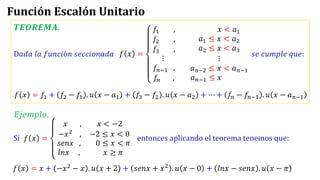 Función Escalón Unitario
𝑓 𝑥 =
𝑓1 ,
𝑓2 ,
𝑓3 ,
𝑥 < 𝑎1
𝑎1 ≤ 𝑥 < 𝑎2
𝑎2 ≤ 𝑥 < 𝑎3
⋮
𝑓𝑛−1 ,
𝑓𝑛 ,
⋮
𝑎𝑛−2 ≤ 𝑥 < 𝑎𝑛−1
𝑎𝑛−1 ≤ 𝑥
𝑓 𝑥 = 𝑓1 + 𝑓2 − 𝑓1 . 𝑢 𝑥 − 𝑎1 + 𝑓3 − 𝑓2 . 𝑢 𝑥 − 𝑎2 + ⋯ + 𝑓𝑛 − 𝑓𝑛−1 . 𝑢 𝑥 − 𝑎𝑛−1
𝑻𝑬𝑶𝑹𝑬𝑴𝑨.
D𝑎𝑑𝑎 𝑙𝑎 𝑓𝑢𝑛𝑐𝑖ó𝑛 𝑠𝑒𝑐𝑐𝑖𝑜𝑛𝑎𝑑𝑎 𝑠𝑒 𝑐𝑢𝑚𝑝𝑙𝑒 𝑞𝑢𝑒:
𝐸𝑗𝑒𝑚𝑝𝑙𝑜.
Si 𝑓 𝑥 =
𝑥 , 𝑥 < −2
−𝑥2
, −2 ≤ 𝑥 < 0
𝑠𝑒𝑛𝑥 , 0 ≤ 𝑥 < 𝜋
𝑙𝑛𝑥 , 𝑥 ≥ 𝜋
entonces aplicando el teorema tenemos que:
𝑓 𝑥 = 𝑥 + −𝑥2 − 𝑥 . 𝑢 𝑥 + 2 + 𝑠𝑒𝑛𝑥 + 𝑥2 . 𝑢 𝑥 − 0 + 𝑙𝑛𝑥 − 𝑠𝑒𝑛𝑥 . 𝑢 𝑥 − 𝜋
 