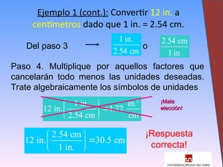 14
Ejemplo 1 (cont.): Convertir 12 in. a
centímetros dado que 1 in. = 2.54 cm.
Del paso 3. o
1 in.
2.54 cm
2.54 cm
1 in
Paso 4. Multiplique por aquellos factores que
cancelarán todo menos las unidades deseadas.
Trate algebraicamente los símbolos de unidades.
2
1 in. in.
12 in. 4.72
2.54 cm cm
 

 
 
¡Mala
¡Mala
elección!
elección!
2.54 cm
12 in. 30.5 cm
1 in.
 

 
 
¡Respuesta
correcta!
 