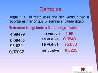 24
Ejemplos
Regla 1. Si el resto más allá del último dígito a
reportar es menor que 5, elimine el último dígito.
Redondee lo siguiente a 3 cifras significativas:
4,99499
0,09403
95,632
0,02032
se vuelve 4,99
se vuelve 0,0940
se vuelve 95,600
se vuelve 0,0203
 